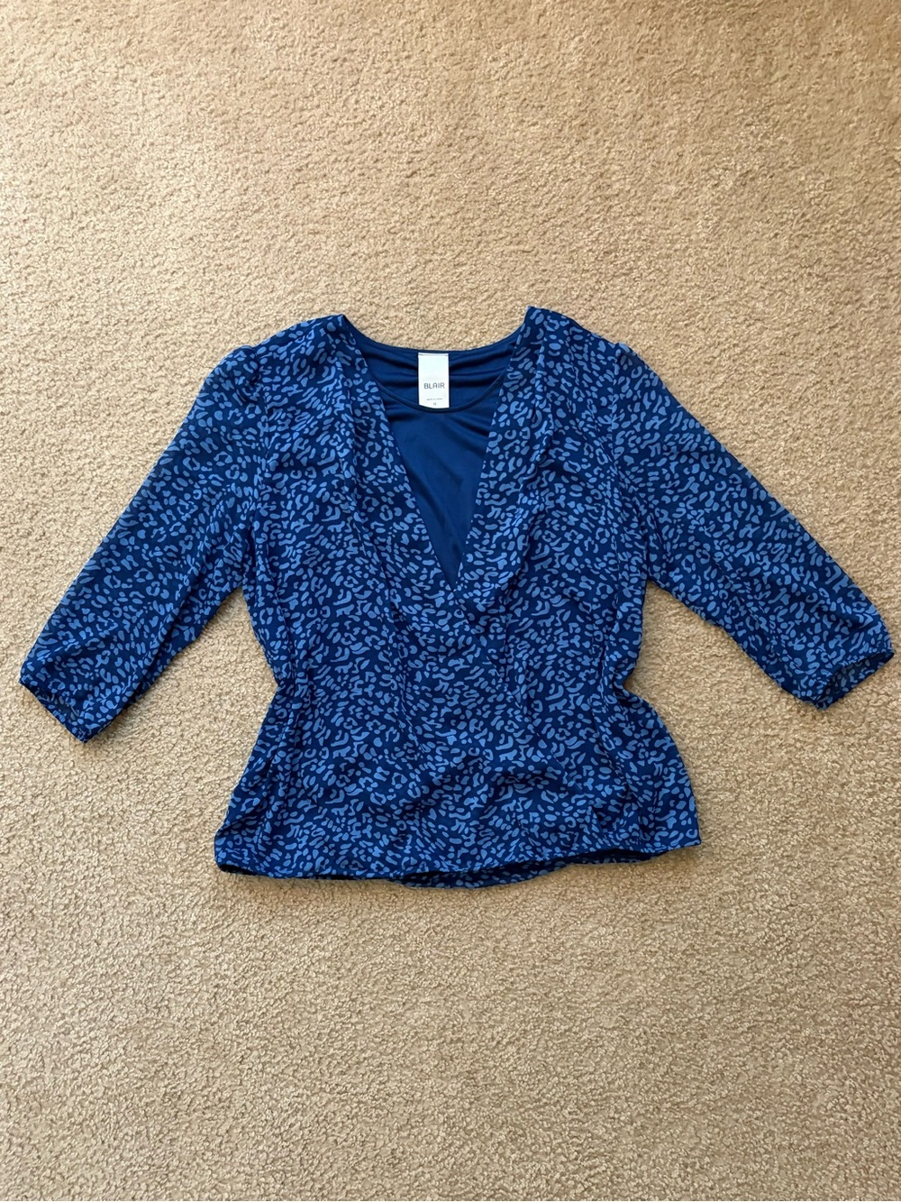 Blair Blue Leopard Animal Print Wrap Blouse V-Neck 3/4 Sleeve Size M